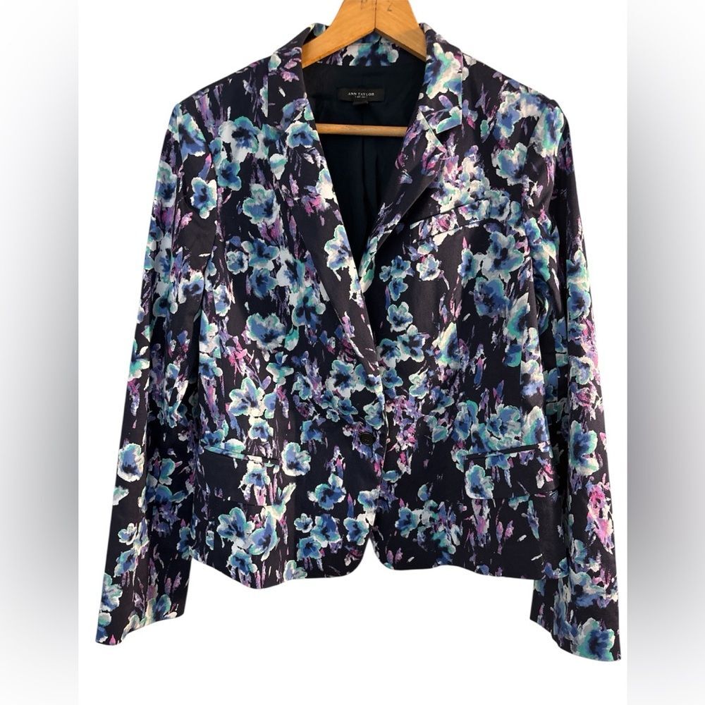 Ann Taylor Floral Blazer Jacket Black Purple Gardencore Career size 14